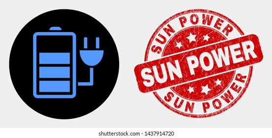 Rounded charge battery icon and Sun Power seal stamp. Red rounded distress seal stamp with Sun Power caption. Blue charge battery symbol on black circle.