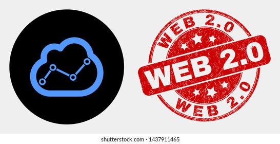 Rounded chart cloud icon and Web 2.0 seal stamp. Red round textured seal with Web 2.0 text. Blue chart cloud icon on black circle. Vector combination for chart cloud in flat style.