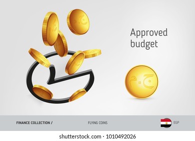 Rounded check mark icon with flying Egyptian Pound coins, finance concept. Vector illustration for print, websites, web design, mobile app, infographics.