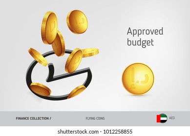 Rounded check mark icon with flying United Arab Emirates Dirham coins, finance concept. Vector illustration for print, websites, web design, mobile app, infographics.