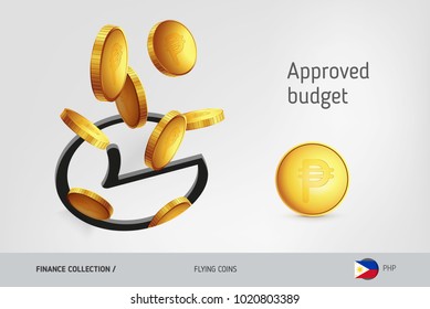 Rounded check mark icon with flying Philippine Peso coins, finance concept. Vector illustration for print, websites, web design, mobile app, infographics.