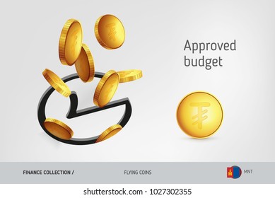 Rounded check mark icon with flying Mongolian Tughrik coins, finance concept. Vector illustration for print, websites, web design, mobile app, infographics.