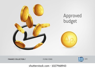 Rounded check mark icon with flying Greek Drachma coins, finance concept. Vector illustration for print, websites, web design, mobile app, infographics.
