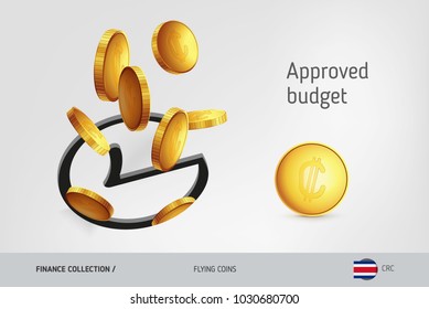 Rounded check mark icon with flying Costa Rican Colon coins, finance concept. Vector illustration for print, websites, web design, mobile app, infographics.