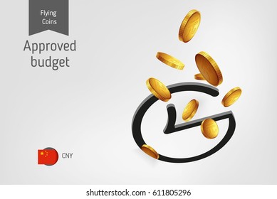 Rounded check mark icon with flying yuan coins, finance concept.