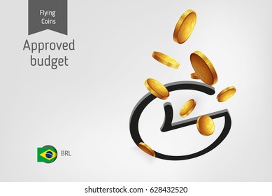 Rounded check mark icon with flying brazilian real coins, finance concept.