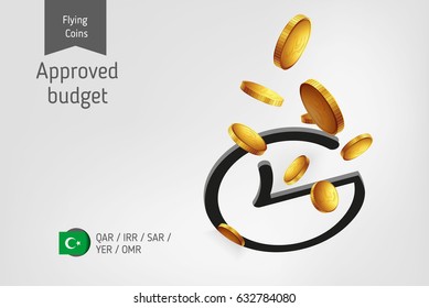 Rounded check mark icon with flying islamic rial coins, finance concept.