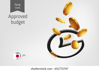 Rounded check mark icon with flying Japanese Yen coins, finance concept.