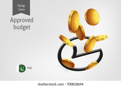 Rounded check mark icon with flying Pakistani Rupee coins, finance concept.