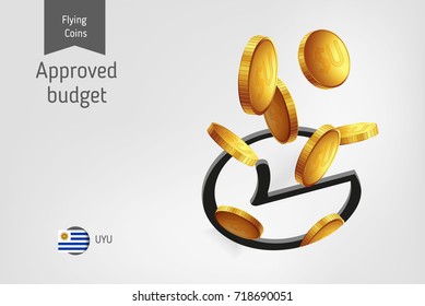 Rounded check mark icon with flying Uruguayan Peso coins, finance concept. Vector illustration for print, websites, web design, mobile app, infographics.