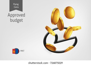 Rounded check mark icon with flying Mongolian Tughrik coins, finance concept. Vector illustration for print, websites, web design, mobile app, infographics.