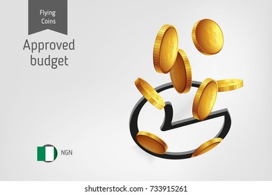 Rounded check mark icon with flying Nigerian Naira coins, finance concept. Vector illustration for print, websites, web design, mobile app, infographics.