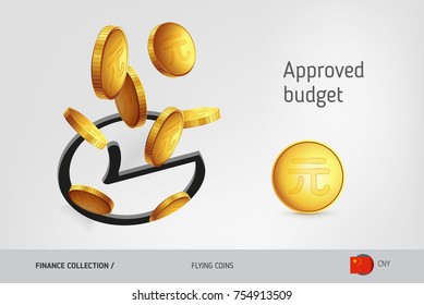 Rounded check mark icon with flying Chinese Yuan coins coins, finance concept. Vector illustration for print, websites, web design, mobile app, infographics.