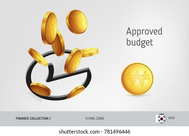 Rounded check mark icon with flying South Korean Won coins, finance concept. Vector illustration for print, websites, web design, mobile app, infographics.