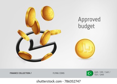 Rounded check mark icon with flying Islamic Rial coins, finance concept. Vector illustration for print, websites, web design, mobile app, infographics.