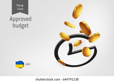 Rounded check mark icon with Ukrainian hryvnia coins, finance concept.