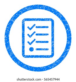 Rounded Checklist rubber seal stamp watermark. Icon symbol inside circle with grunge design and scratched texture. Unclean vector blue sticker.