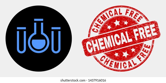 Rounded chemical tubes pictogram and Chemical Free stamp. Red rounded distress stamp with Chemical Free text. Blue chemical tubes symbol on black circle.