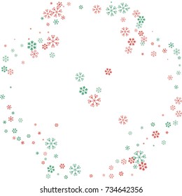Rounded Christmas border or frame with random scatter falling red and green snowflakes isolated on white.