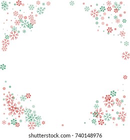 Rounded Christmas border or frame with random scatter falling red and green snowflakes isolated on white.