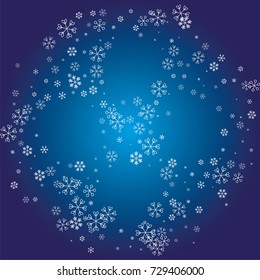 Rounded Christmas frame or border with white random scatter falling snowflakes on a navy blue background.