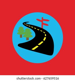 rounded circle button for web site. simple, clean sign or icon with road vector illustration or way & tree & app on flat design blue & red background