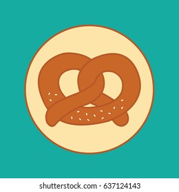 rounded circle button for web or website & app. single one Isolated cartoon simple modern clean tasty Soft Baked icon typical bavarian Salty Pretzel vector on flat design style 