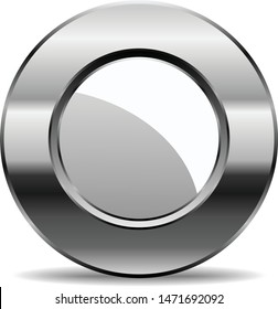 Rounded circle chromium button design a silver with metal frame and reflection with drop shadow on isolated white background. Vector illustration design element chrome metal frame. 
