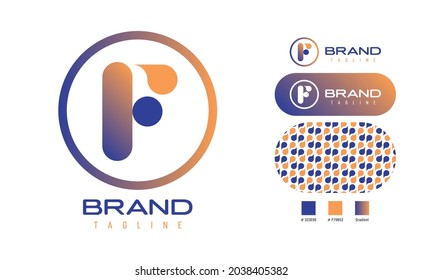 Logotipo de letra F limpia redondeada usando burbuja de chat para aplicaciones, comunicación, medios sociales, entretenimiento con patrones y swatings usando colores azul y naranja