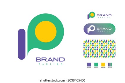 Rounded Clean P Letter Logo using chat bubble for application, communication, social media, entertainment, corporate with pattern and swatches using blue, yellow and green colors