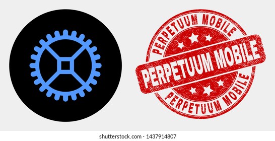Rounded clock gear icon and Perpetuum Mobile seal stamp. Red rounded distress seal stamp with Perpetuum Mobile caption. Blue clock gear icon on black circle.