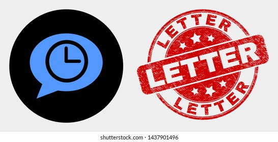 Rounded clock message balloon icon and Letter stamp. Red rounded scratched seal with Letter caption. Blue clock message balloon icon on black circle.