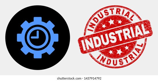 Rounded clock settings gear icon and Industrial stamp. Red rounded distress stamp with Industrial text. Blue clock settings gear symbol on black circle.