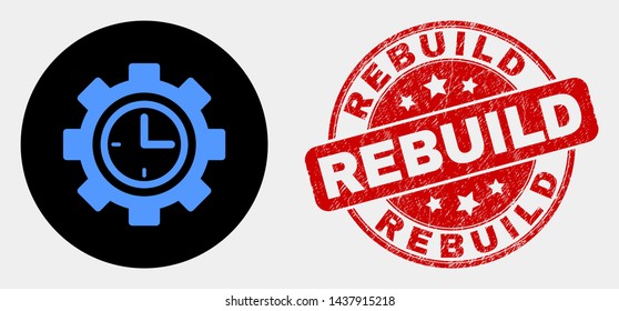 Rounded clock setup wheel icon and Rebuild seal stamp. Red round scratched seal with Rebuild text. Blue clock setup wheel icon on black circle. Vector composition for clock setup wheel in flat style.