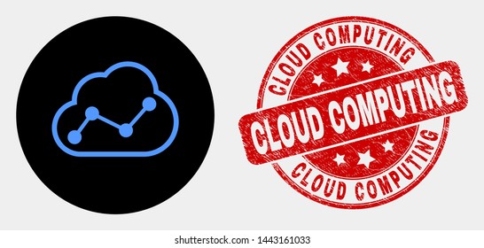Rounded cloud chart icon and Cloud Computing seal stamp. Red rounded distress stamp with Cloud Computing caption. Blue cloud chart icon on black circle. Vector combination in flat style.