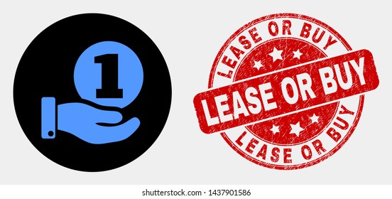 Rounded coin donation hand icon and Lease or Buy watermark. Red rounded scratched watermark with Lease or Buy text. Blue coin donation hand icon on black circle.