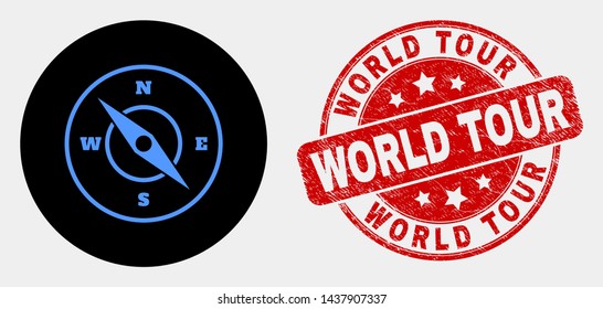 Rounded compass icon and World Tour seal. Red rounded textured stamp with World Tour caption. Blue compass icon on black circle. Vector combination for compass in flat style.