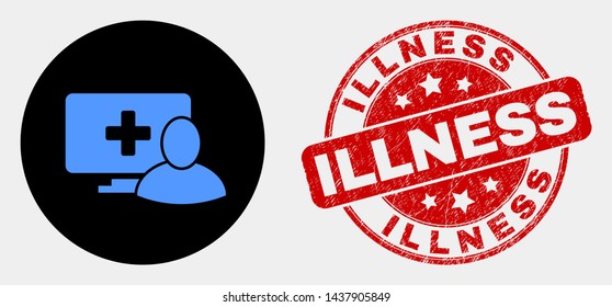 Rounded computer patient icon and Illness seal stamp. Red rounded scratched seal with Illness text. Blue computer patient icon on black circle. Vector composition for computer patient in flat style.