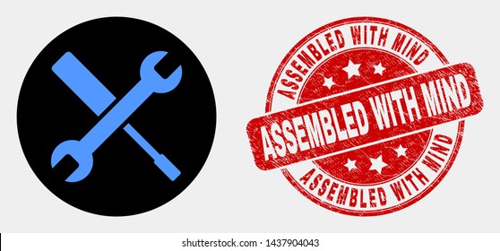Rounded configuration tools icon and Assembled with Mind seal. Red rounded scratched seal stamp with Assembled with Mind text. Blue configuration tools icon on black circle.