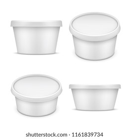 Rounded container. White plastic packaging. Buttermilk and margarine box isolated on white background vector illustration. Plastic packaging and jar mockup for food