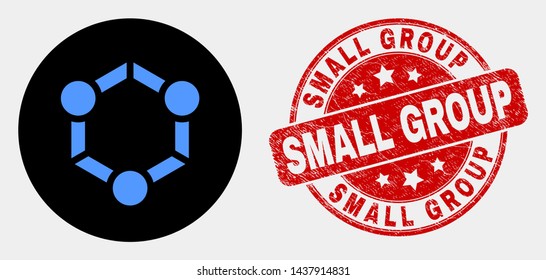 Rounded cooperation pictogram and Small Group seal stamp. Red rounded textured seal stamp with Small Group caption. Blue cooperation symbol on black circle.