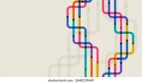 Linhas de canto arredondado em cores vibrantes formando bordas simétricas em ambos os lados sobre um fundo de grade bege, ideal para projetos de tecnologia ou rede.