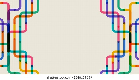 Linhas de canto arredondado em cores vibrantes formando bordas simétricas em ambos os lados sobre um fundo de grade bege, ideal para projetos de tecnologia ou rede.