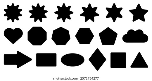 Rounded corner shapes. Vector square, rectangle, hexagon, diamond geometric icons. Organic fun starburst arrow, squircle block infographic clipart. discount label card, free sticker, blob price tag.