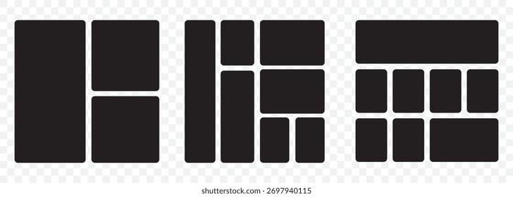 Conjunto de modelos de grade de bento de cantos arredondados. Coleção de layouts geométricos na moda colorida. Colagem de imagens em plano de fundo transparente. EPS 10.