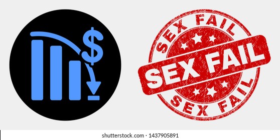 Rounded crisis bar chart icon and Sex Fail seal stamp. Red rounded textured stamp with Sex Fail text. Blue crisis bar chart icon on black circle. Vector composition for crisis bar chart in flat style.