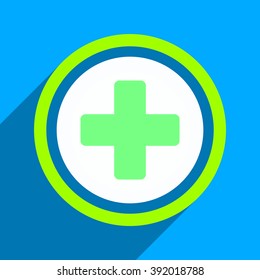 Rounded Cross long shadow vector icon. Style is a flat rounded cross iconic symbol on a blue square background.