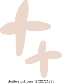 Rounded cross marks sketched with soft brush strokes, two shapes overlapping on empty backdrop. Symbol of add, positive sign, emphasis, and highlight for branding, layout. Cartoon vector illustration.