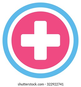 Rounded Cross vector icon. Style is bicolor flat symbol, pink and blue colors, rounded angles, white background.