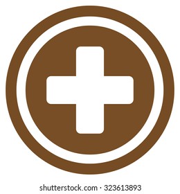 Rounded Cross vector icon. Style is flat symbol, brown color, rounded angles, white background.